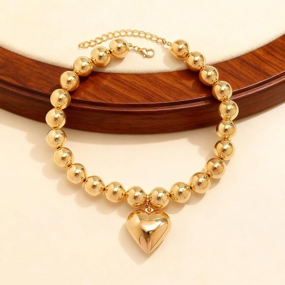 Elegant Chunky Gold Necklace with Heart & Pearl Accents - Perfect Gift - Picture 5 of 8